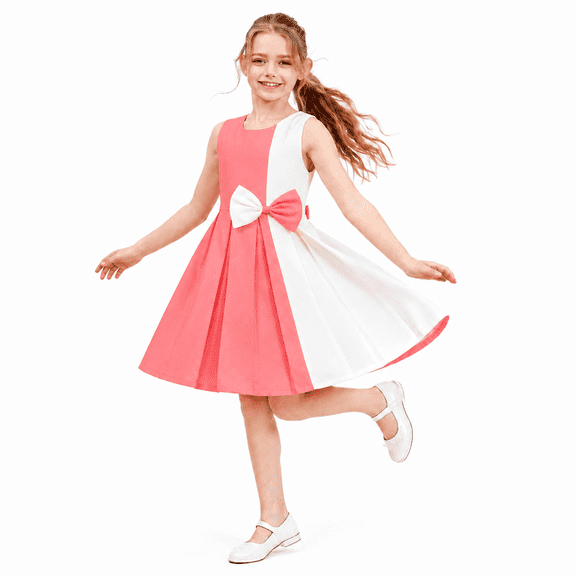 Sunny Fashion Girls Dress Color Block Contrast Bow Tie Coral White Party Size 7