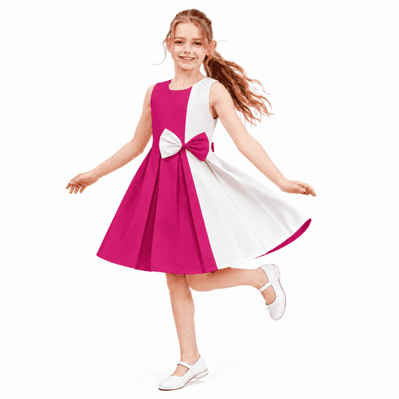 Sunny Fashion Girls Sleeveless Dresses Color Block Contrast Bow Tie Deep Pink Party Wedding Dresses Size 4-14