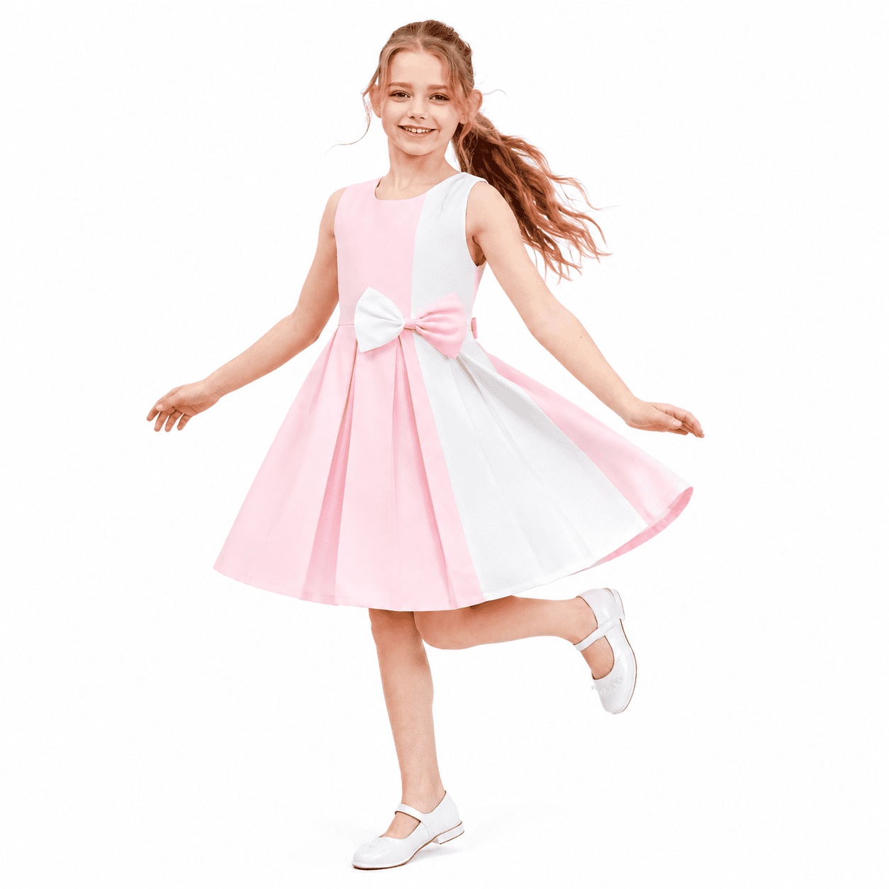Sunny Fashion Girls Dresses Pink and White Color Block A-Line Party Dress with Bow Tie Size 4-14, Women's, Size: 12 Sunny Fashion Girls Dresses Pink and White Color Block A-Line Party Dress with Bow Tie Size 4-14, Women's, Size: 12