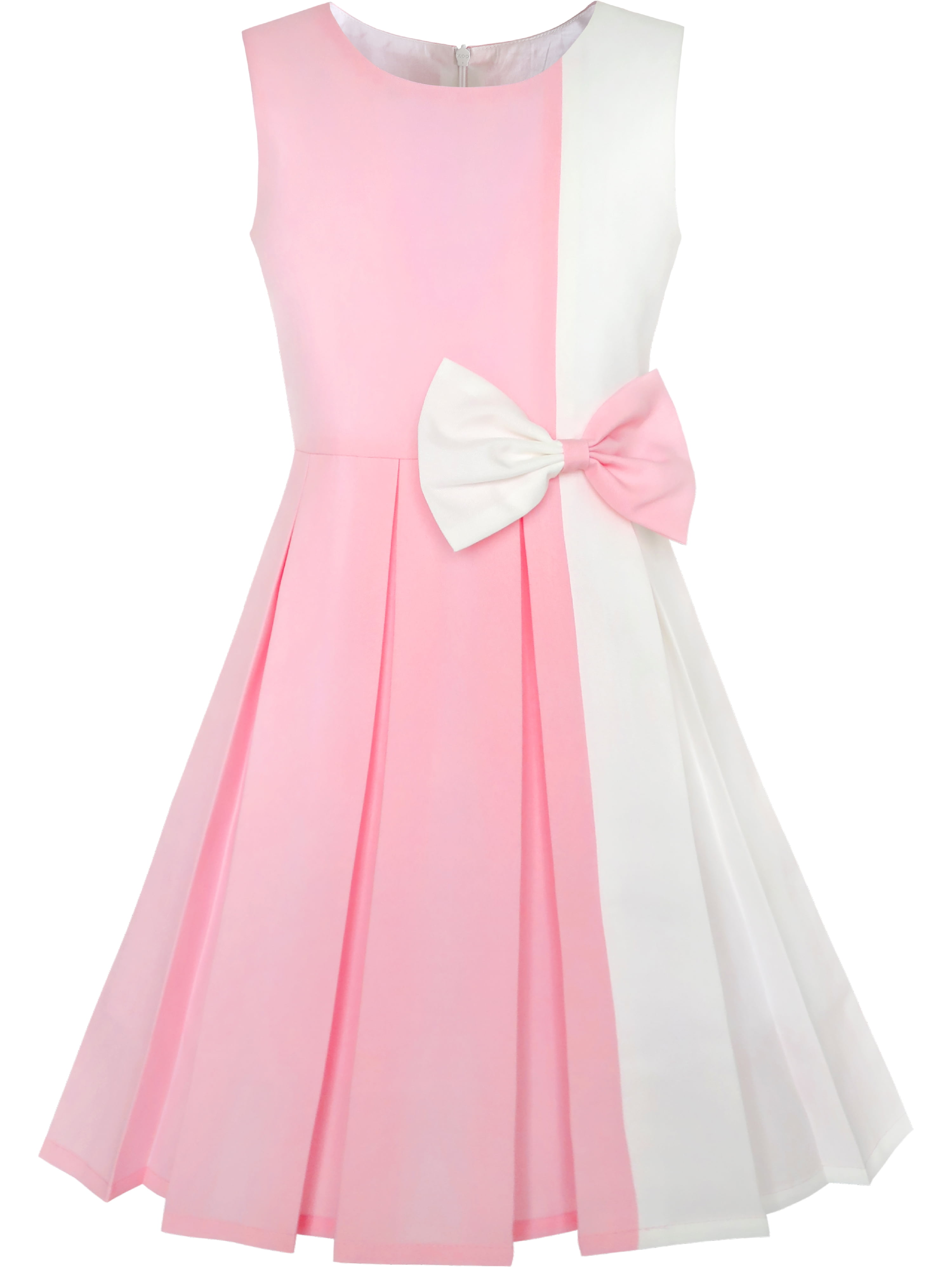 Girls Dress Color Block Contrast Bow Tie Pink White Party 14
