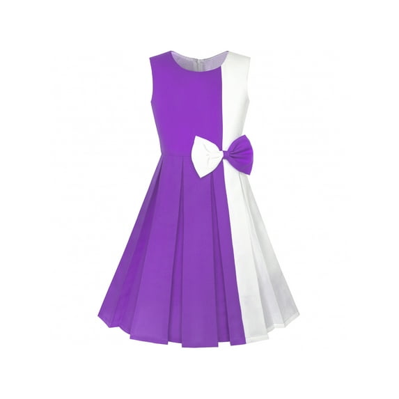 Girls Dress Color Block Contrast Bow Tie Purple White Party 10