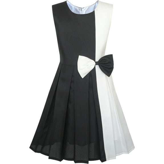 Girls Dress Color Block Contrast White Black Bow Tie 5