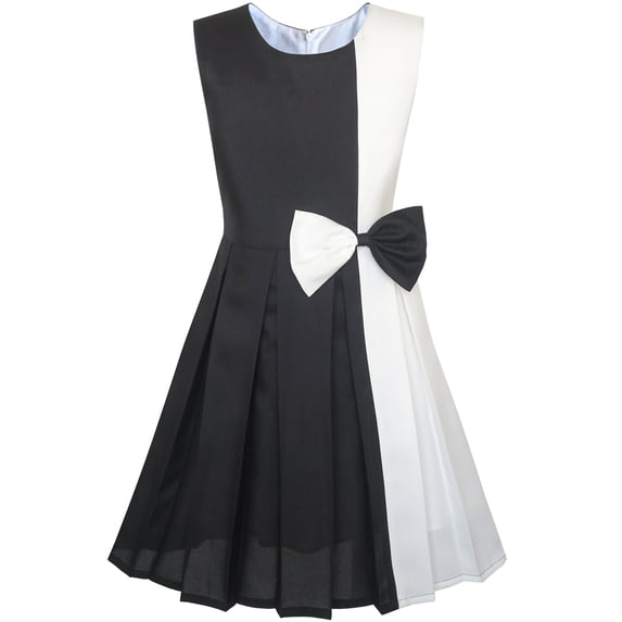 Sunny Fashion Girls Dress Color Block Contrast White Black Bow Tie 8
