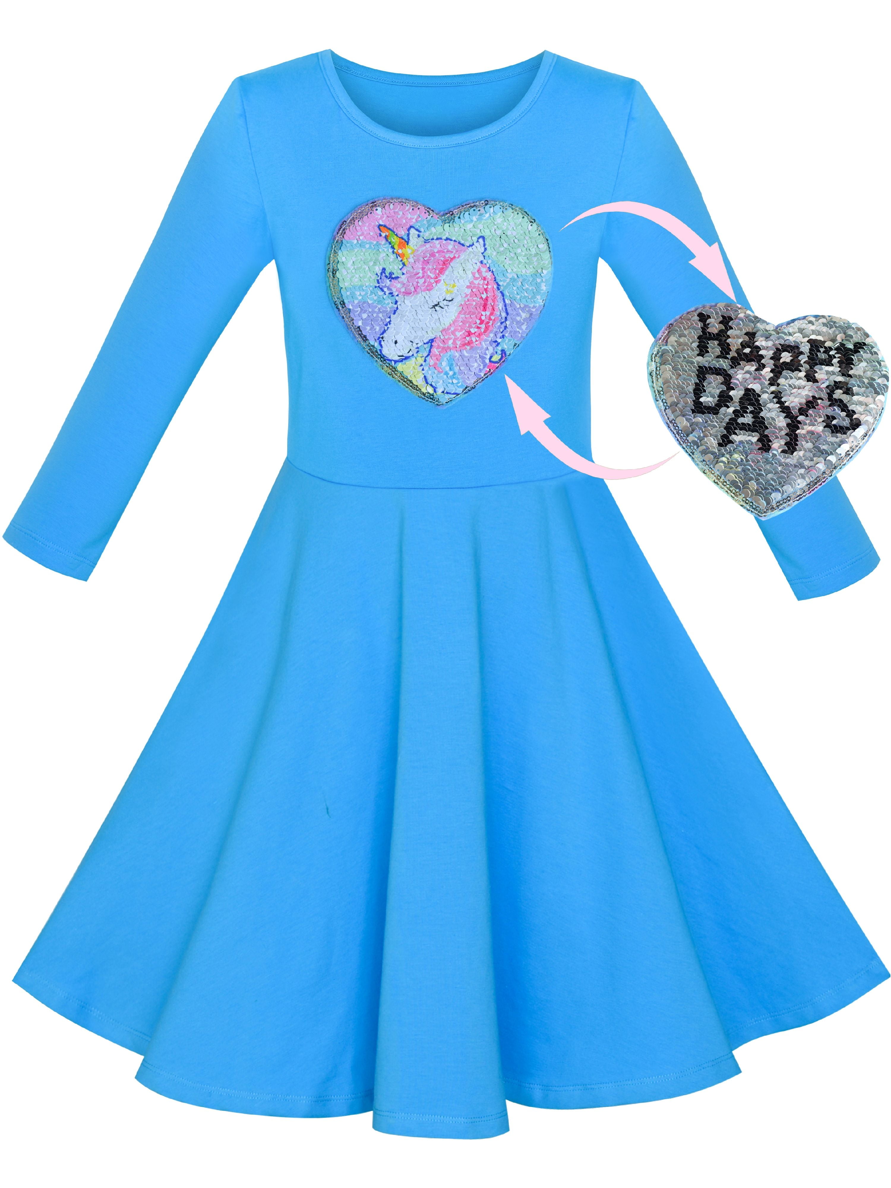 Girls Dress Cotton Blue Unicorn Sequin Long Sleeve Casual 8 Years