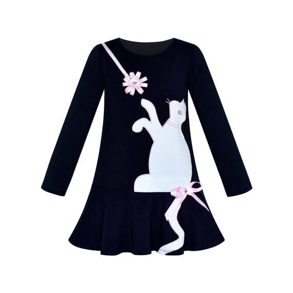 Girls Dress Cotton Casual Long Sleeve Cat Embroidered 3 Years