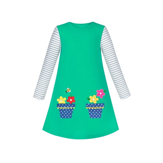Girls Dress Cotton Casual Long Sleeve Flower Pot Embroidered 7 Years