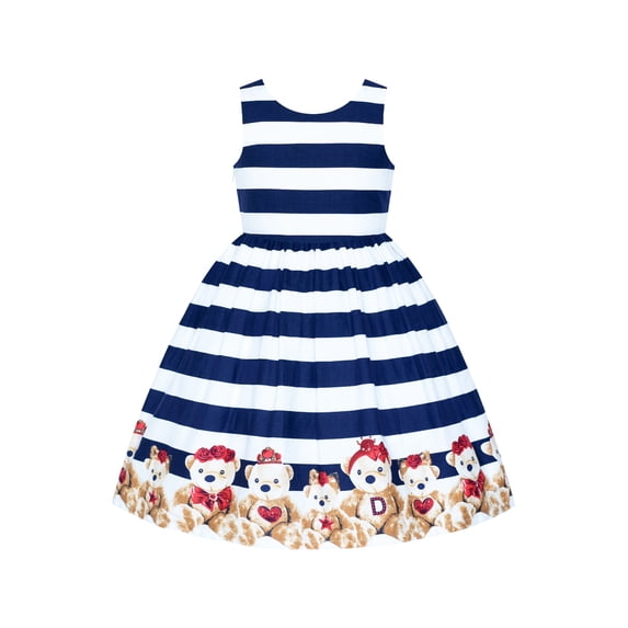 Girls Dress Cotton Casual Navy Blue Striped Bear V Back Holiday Party 8 Years
