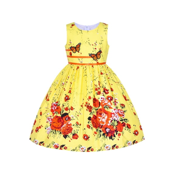 Girls Dress Cotton Rose Flower Double Bow Tie Party 4-5 Years