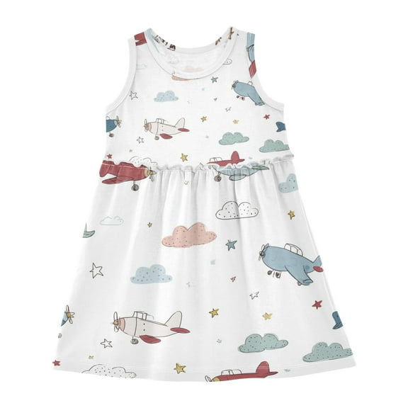 Girls Dress Cute Airplane and Clouds Sleeveless Dress for Girls Hem A-Line Casual Sundress