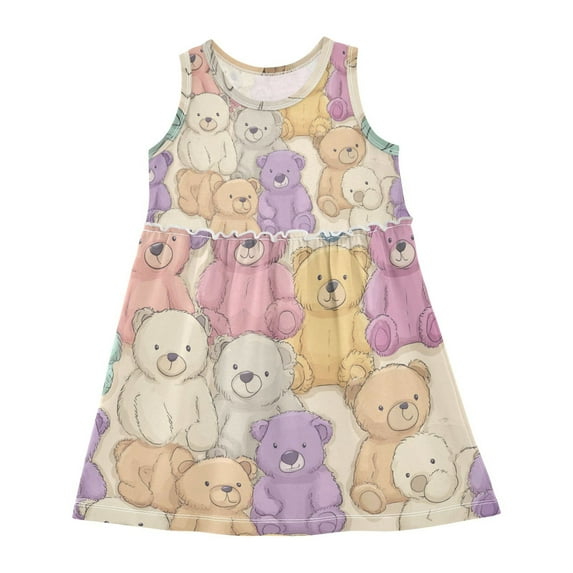 Girls Dress Cute Bear Sleeveless Dress for Girls Hem A-Line Casual Sundress