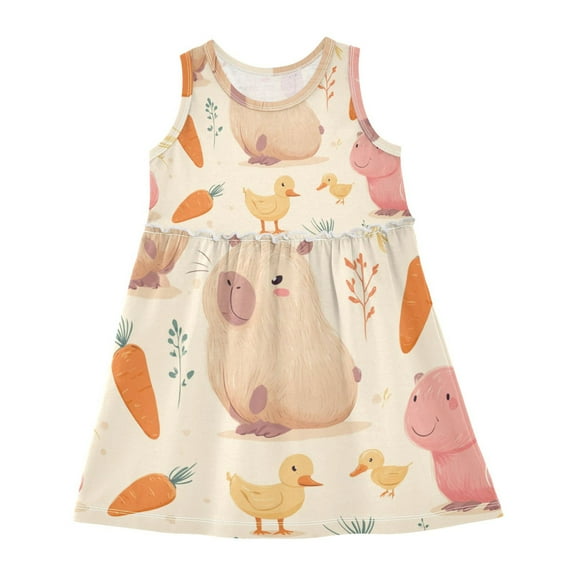 Girls Dress Cute Cartoon Capybara Sleeveless Dress for Girls Hem A-Line Casual Sundress