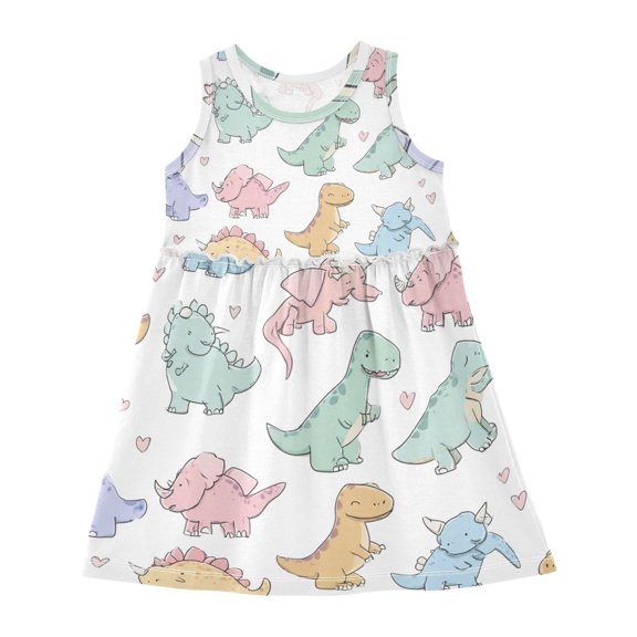 Girls Dress Cute Cartoon Dinosaur Sleeveless Dress for Girls Hem A-Line Casual Sundress