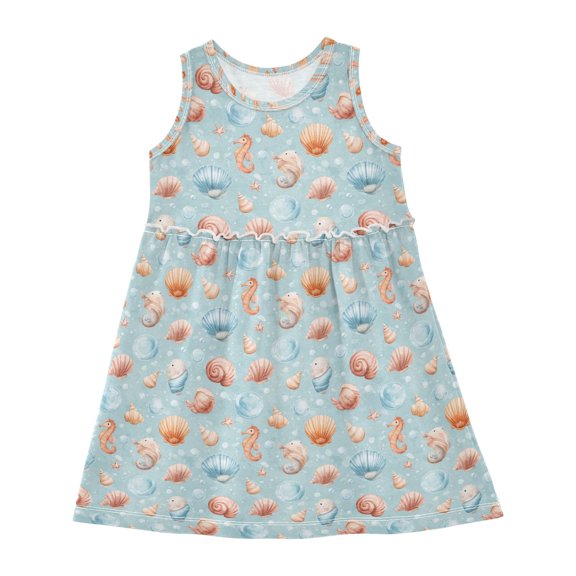 Girls Dress Cute Cartoon Marine Life Sleeveless Dress for Girls Hem A-Line Casual Sundress