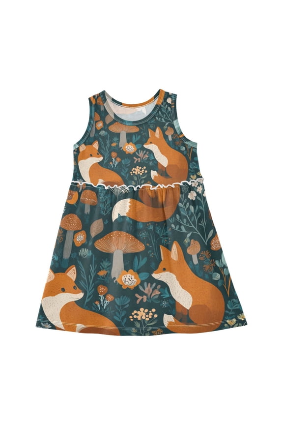 Girls Dress Cute Foxes Sleeveless Dress for Girls Hem A-Line Casual Sundress