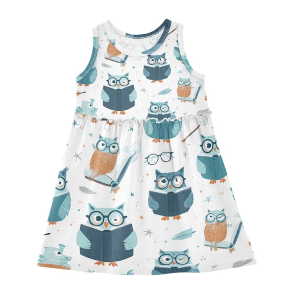 Girls Dress Cute Owl Book Sleeveless Dress for Girls Hem A-Line Casual Sundress