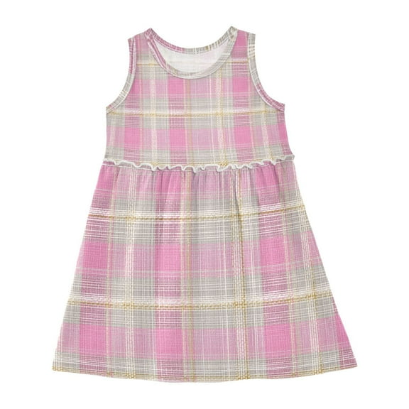 Girls Dress Cute Plaid Pink Sleeveless Dress for Girls Hem A-Line Casual Sundress