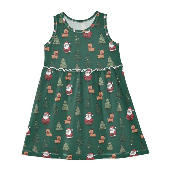 Girls Dress Cute Santa Claus and Elk Sleeveless Dress for Girls Hem A-Line Casual Sundress