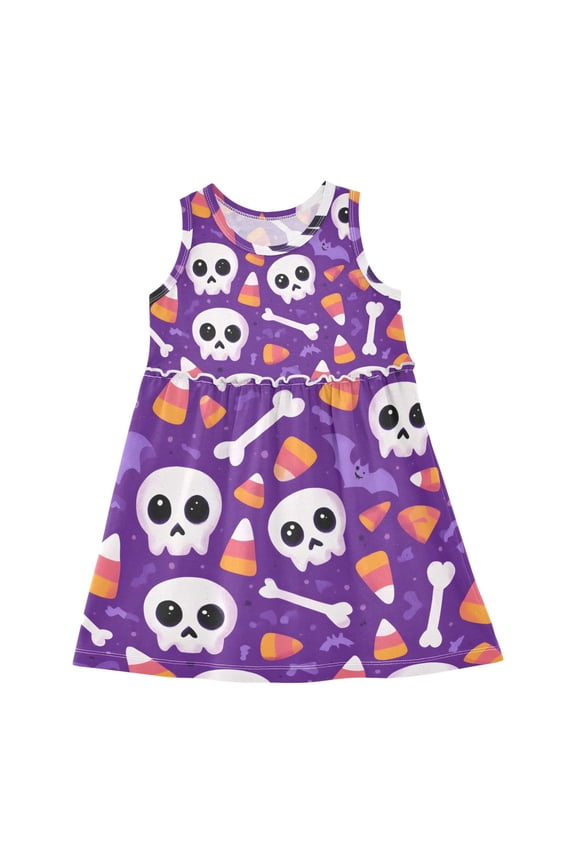 Girls Dress Cute Skull and Bones Sleeveless Dress for Girls Hem A-Line Casual Sundress