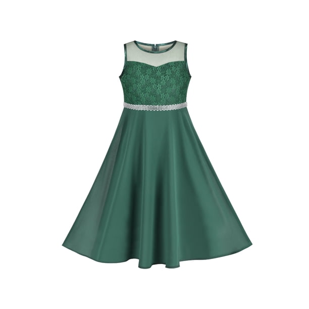 Sunny Fashion Girls Dress Dark Green Rhinestone Chiffon Bridesmaid Party Maxi 7 Years, Girl's
