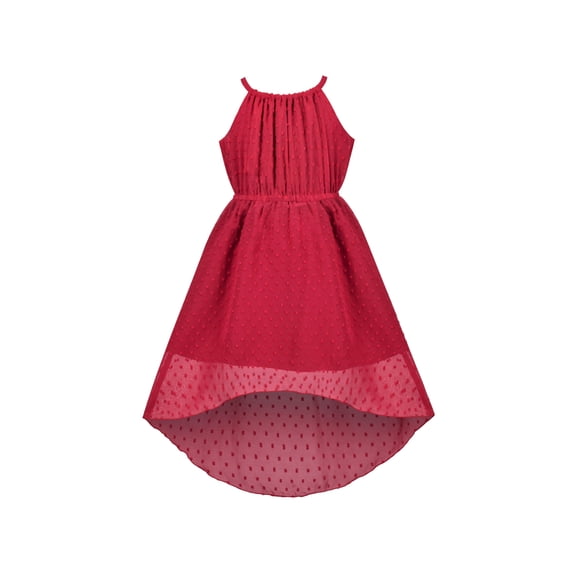 Girls Dress Deep Red Swiss Dot Hi-lo Halter Chiffon Party Christmas 7 Years