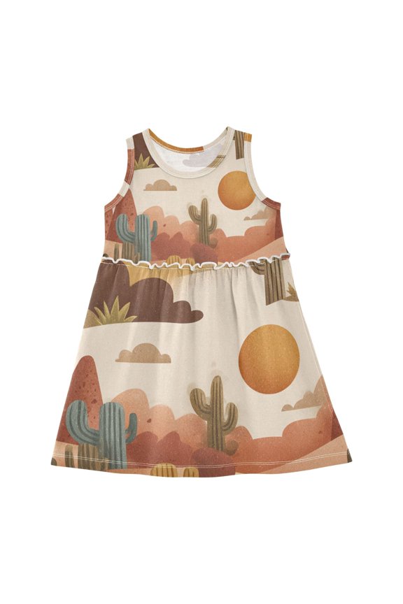 Girls Dress Desert Cactus and Sun Sleeveless Dress for Girls Hem A-Line Casual Sundress