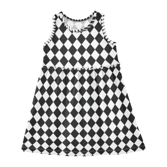 Girls Dress Diamond Black and White Grid Sleeveless Dress for Girls Hem A-Line Casual Sundress
