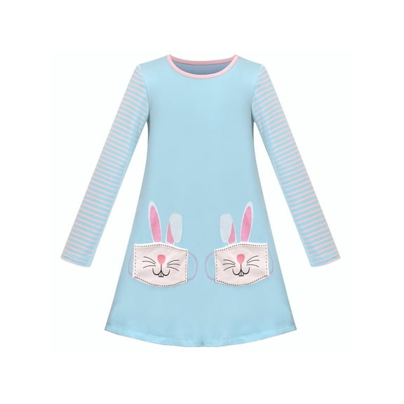 Girls Dress Easter Blue Stripe Tee Bunny Pocket Long Sleeve 7 Years