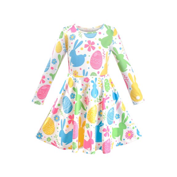 Girls Dress Easter Egg Bunny Rabbit Flower Multicolor Long Sleeve 10 Years