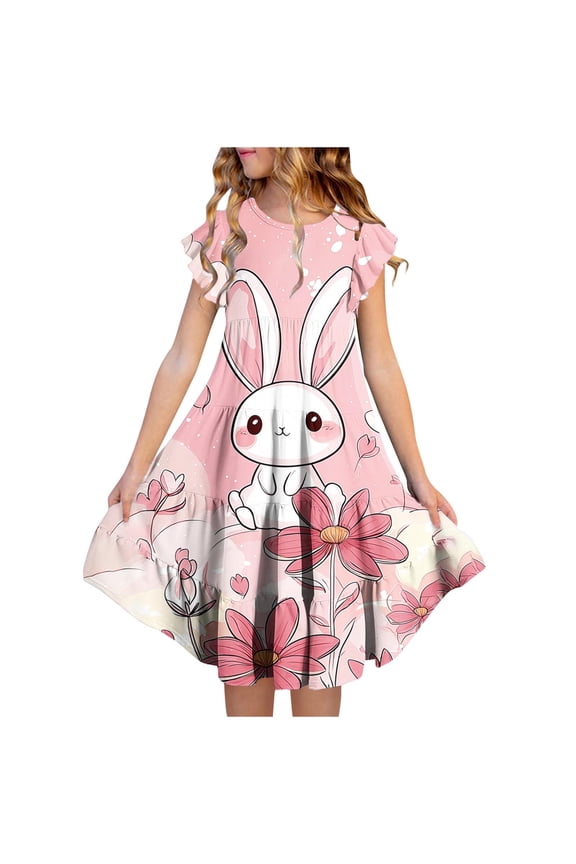 Girls Dress Easter Summer Crewneck Fly Sleeve A Line Dresses Cute Beach Dress for Girls Size 4-15