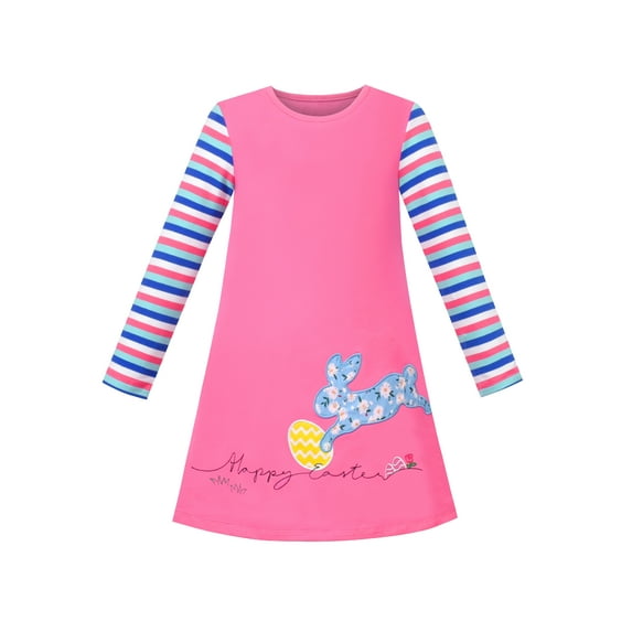 Girls Dress Embroidery Happy Easter Egg Rabbit Applique Stripe Long Sleeve 4 Years