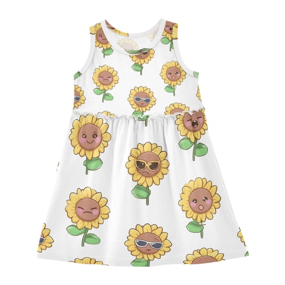 Girls Dress Emoticon Sunflower Flower Sleeveless Dress for Girls Hem A-Line Casual Sundress