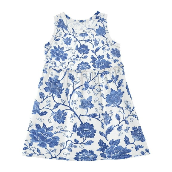 Girls Dress Exquisite Blue and White Porcelain Sleeveless Dress for Girls Hem A-Line Casual Sundress