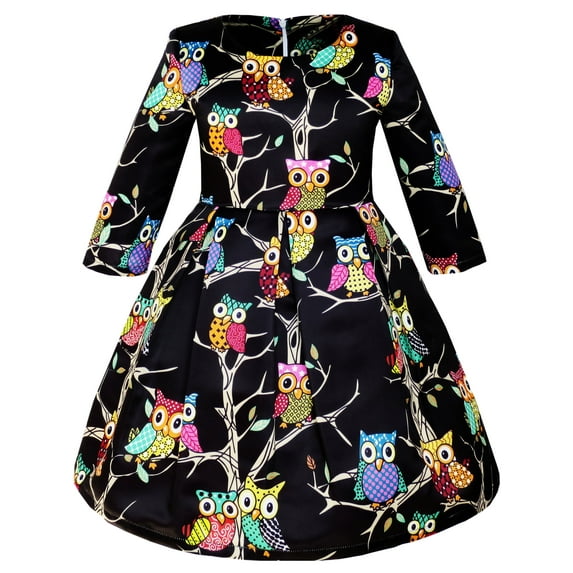 Girls Dress Fit-and-flare Owl Print Party Long Sleeve Cute 12 Years