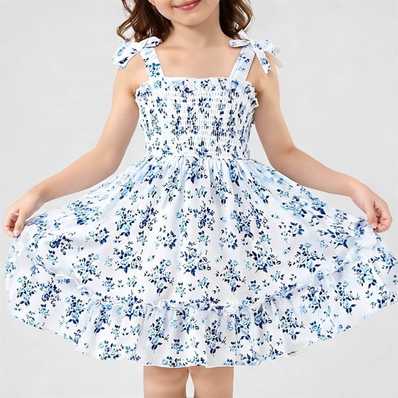 Girls' Dress Floral Print Drawstring Bow Ruffle Sleeveless Summer Dress Light Blue 6-7 Years