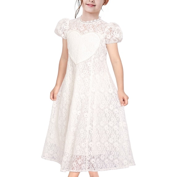 Sunny Fashion Girls Dress Floral White Lace Pearl Heart Maxi Princess Short Sleeve 6 Years