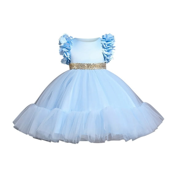 Girls Dress Flower Ruffle Beads Solid Wedding Pageant Birthday Party Evening Tutu Dress Girls Dresses Light Blue 7-8 Years