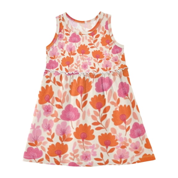 Girls Dress Flowers Pink and Orange Sleeveless Dress for Girls Hem A-Line Casual Sundress