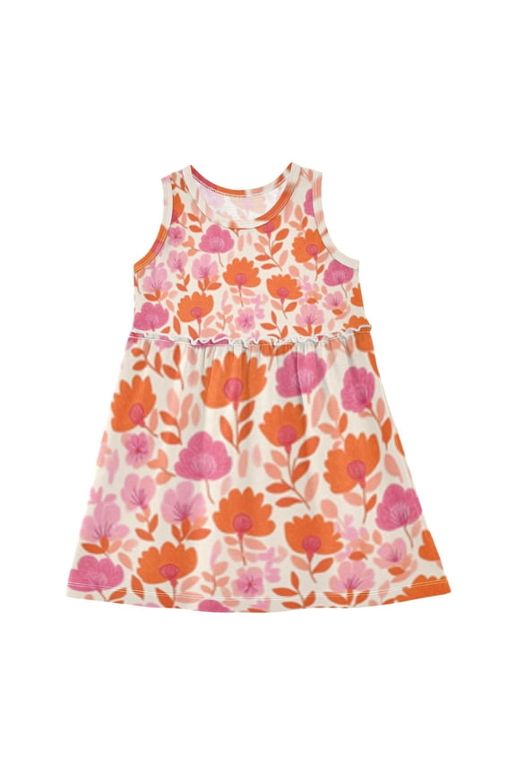 Girls Dress Flowers Pink and Orange Sleeveless Dress for Girls Hem A-Line Casual Sundress