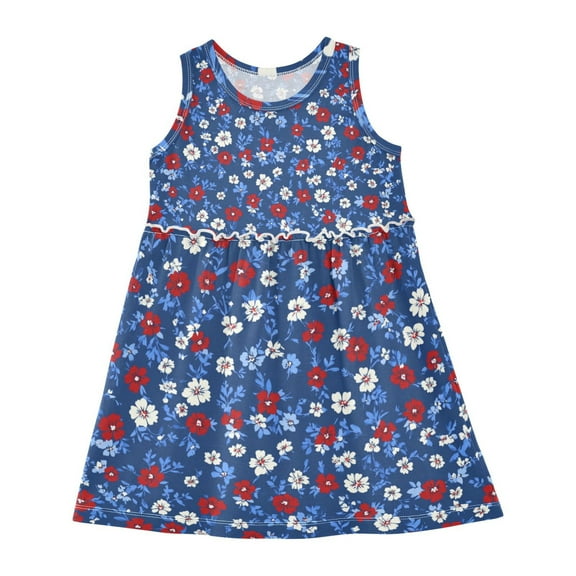 Girls Dress Flowers Red Blue White Sleeveless Dress for Girls Hem A-Line Casual Sundress