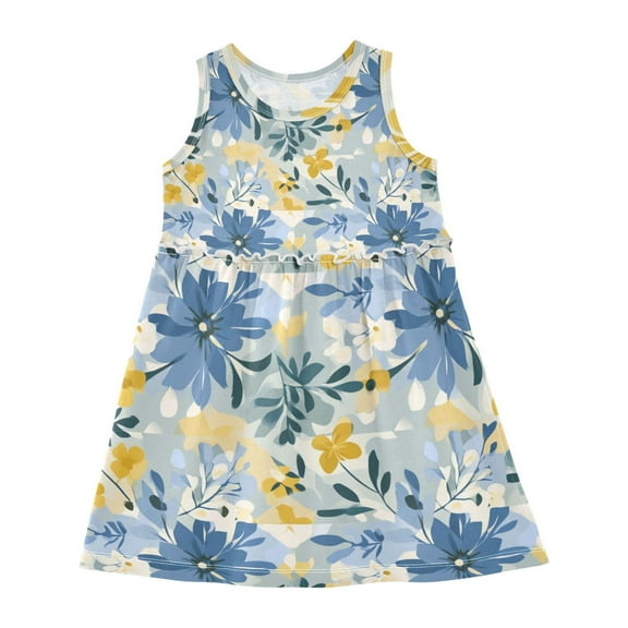 Girls Dress Flowers Yellow and Blue Sleeveless Dress for Girls Hem A-Line Casual Sundress