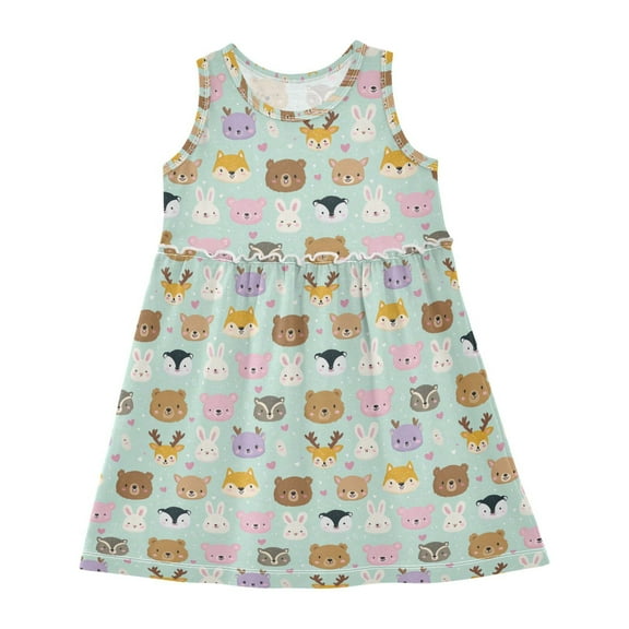 Girls Dress Forest Animals Sleeveless Dress for Girls Hem A-Line Casual Sundress
