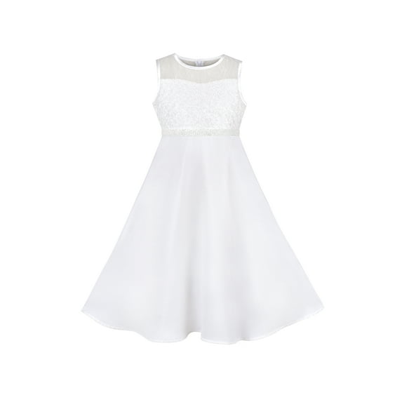 Girls Dress Formal White Chiffon Lace Sequin Baptism Wedding Bridesmaid 10 Years