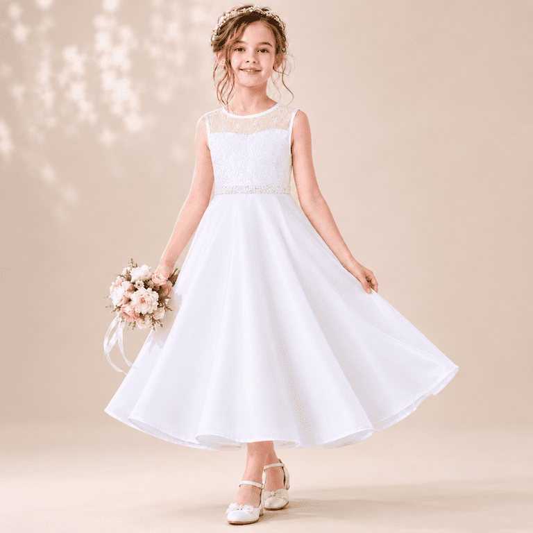 Sunny Fashion Girls Dress Formal White Chiffon Lace Sequin Baptism Wedding Bridesmaid 14 Years, Girl's