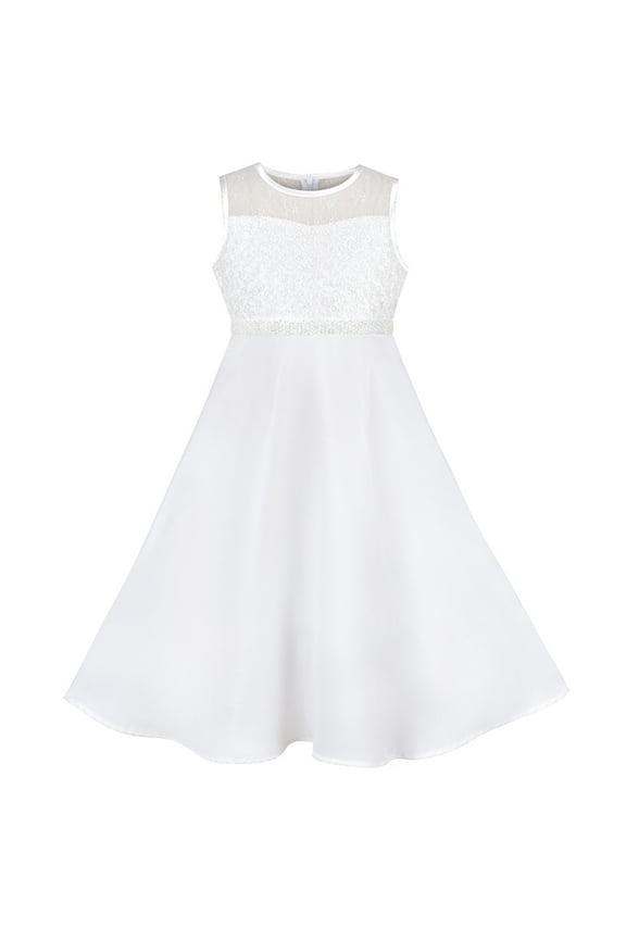 Girls Dress Formal White Chiffon Lace Sequin Baptism Wedding Bridesmaid 14 Years