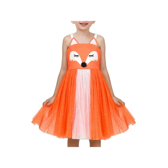 Girls Dress Fox Animal Cartoon Printed Sequin Tulle Halloween Party 6 Years