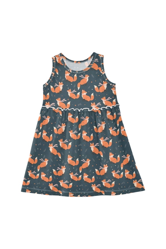 Girls Dress Fox with Scarf Sleeveless Dress for Girls Hem A-Line Casual Sundress