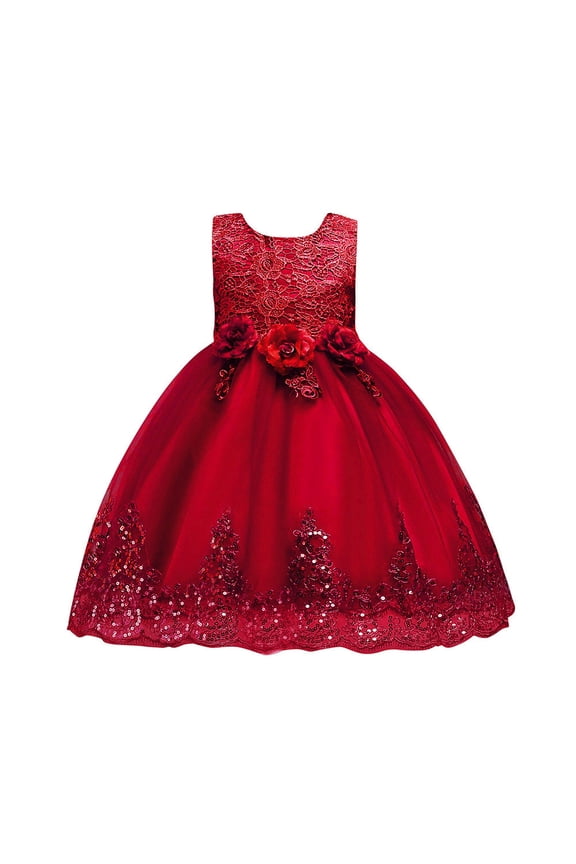 Girls Dress Girl's Kids Sleeveless Floral Gown Party Ball Princess Dress Clothes Toddler Dresses Red 3 Years-4 Years