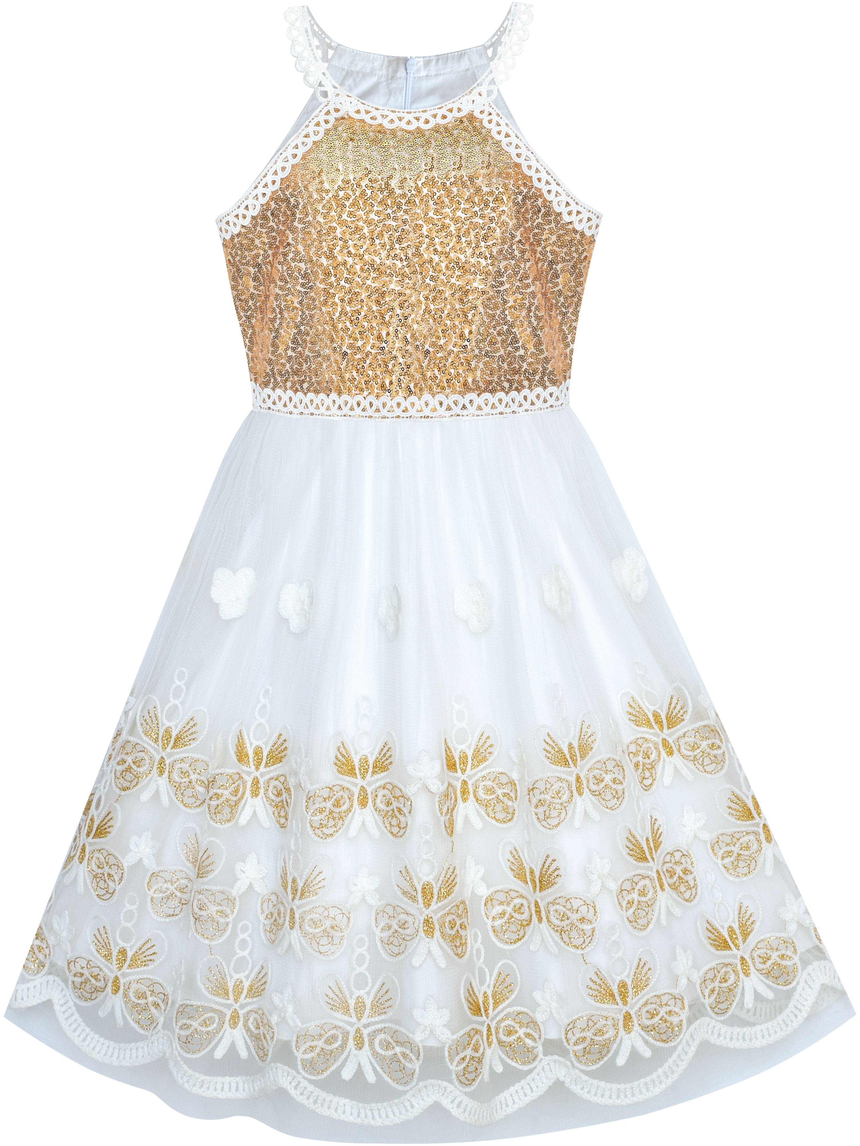 Girls Dress Gold Butterfly Embroidered Halter Dress Party 6 Years