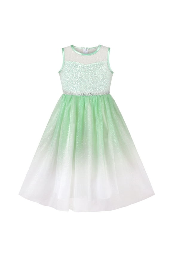 Girls Dress Gradient Green Lace Embroidery Bodice Glitter Sleeveless 10 Years