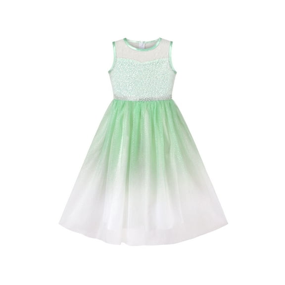 Girls Dress Gradient Green Lace Embroidery Bodice Glitter Sleeveless 12 Years
